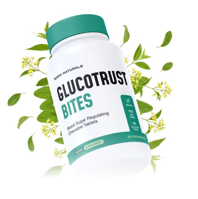 GlucoTrust Bites chewable dietary supplement bottle formulated to support healthy blood sugar and metabolic wellness